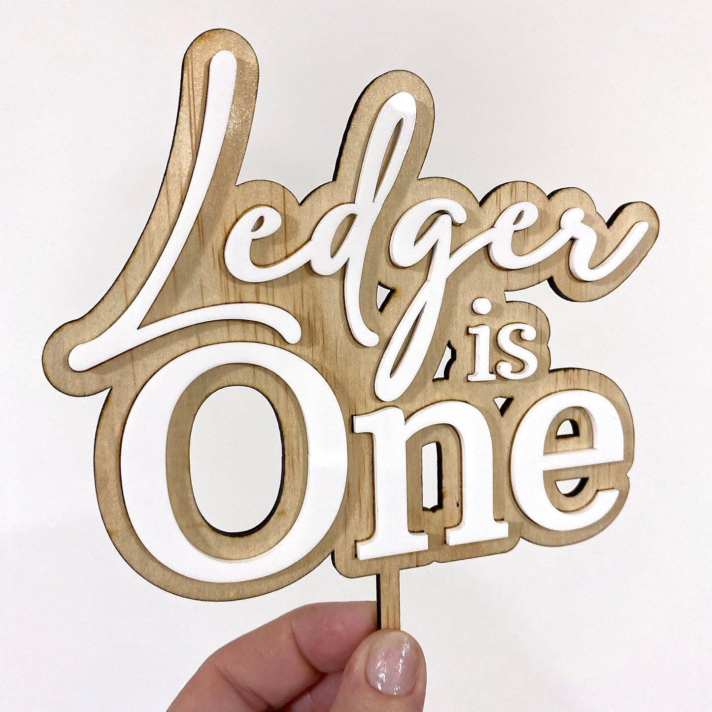 Custom Timber & White Cake Topper - Personalised Wood Cake Decoration