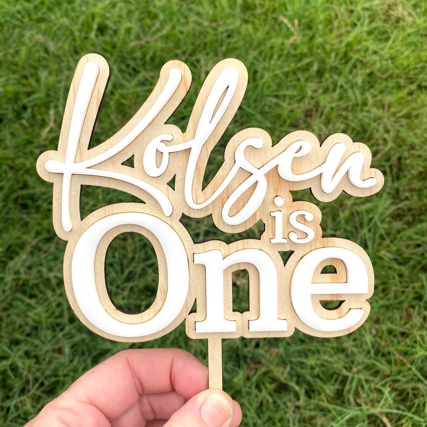 Custom Timber & White Cake Topper - Personalised Wood Cake Decoration