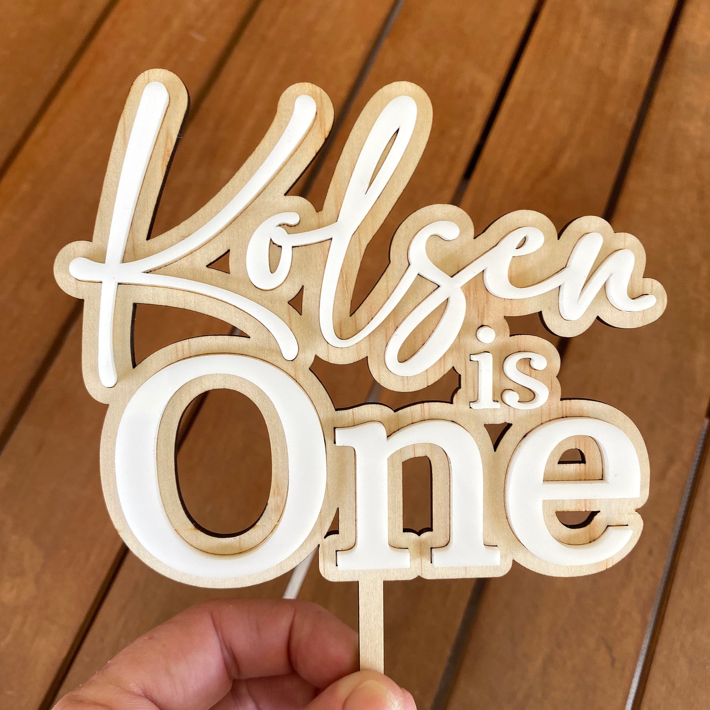 Custom Timber & White Cake Topper - Personalised Wood Cake Decoration