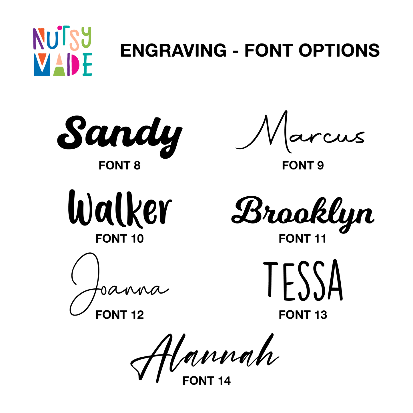 Various font styles available for engraving with names and numbers on a white background