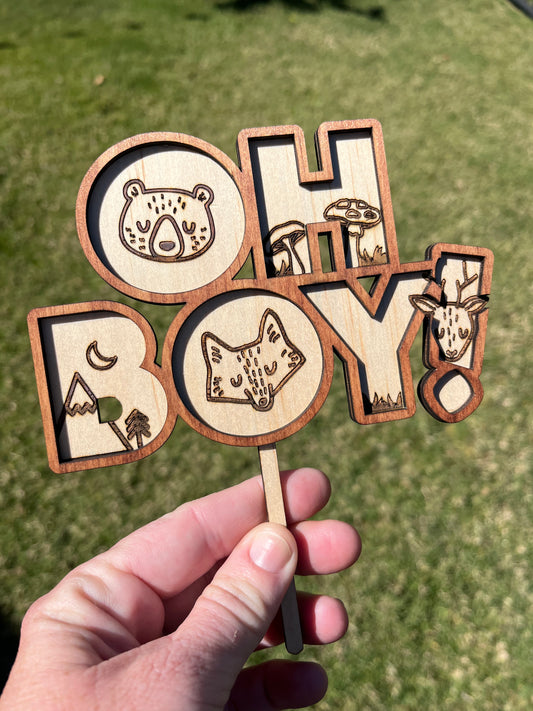 OH BOY Woodland Baby Shower Cake Topper - Custom Baby Boy Cake Decoration