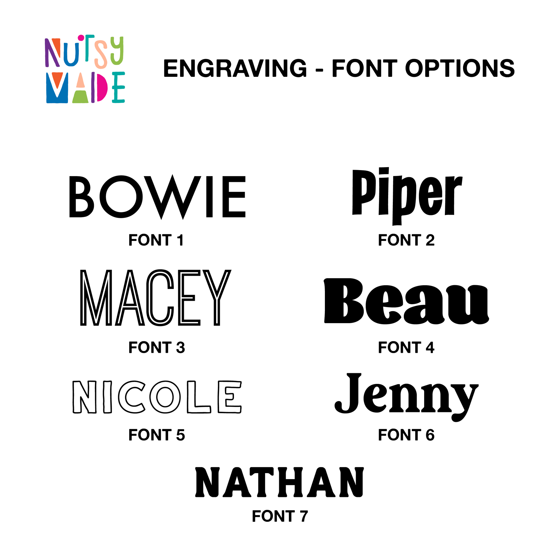Various font styles available for engraving displayed with names above each one on a white background.