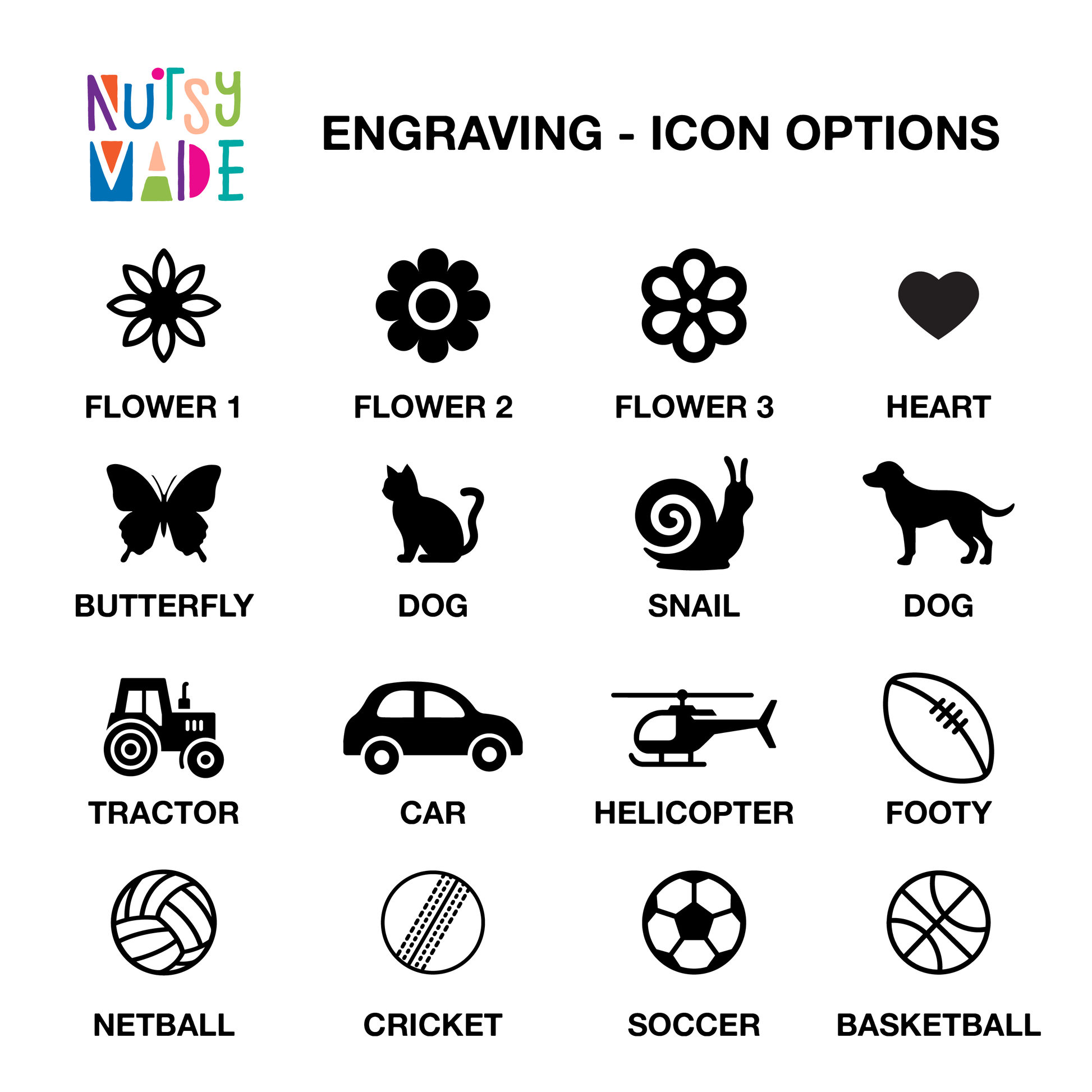 Set of engraving icon options for engraving including flowers, animals, and sports items on a white background.