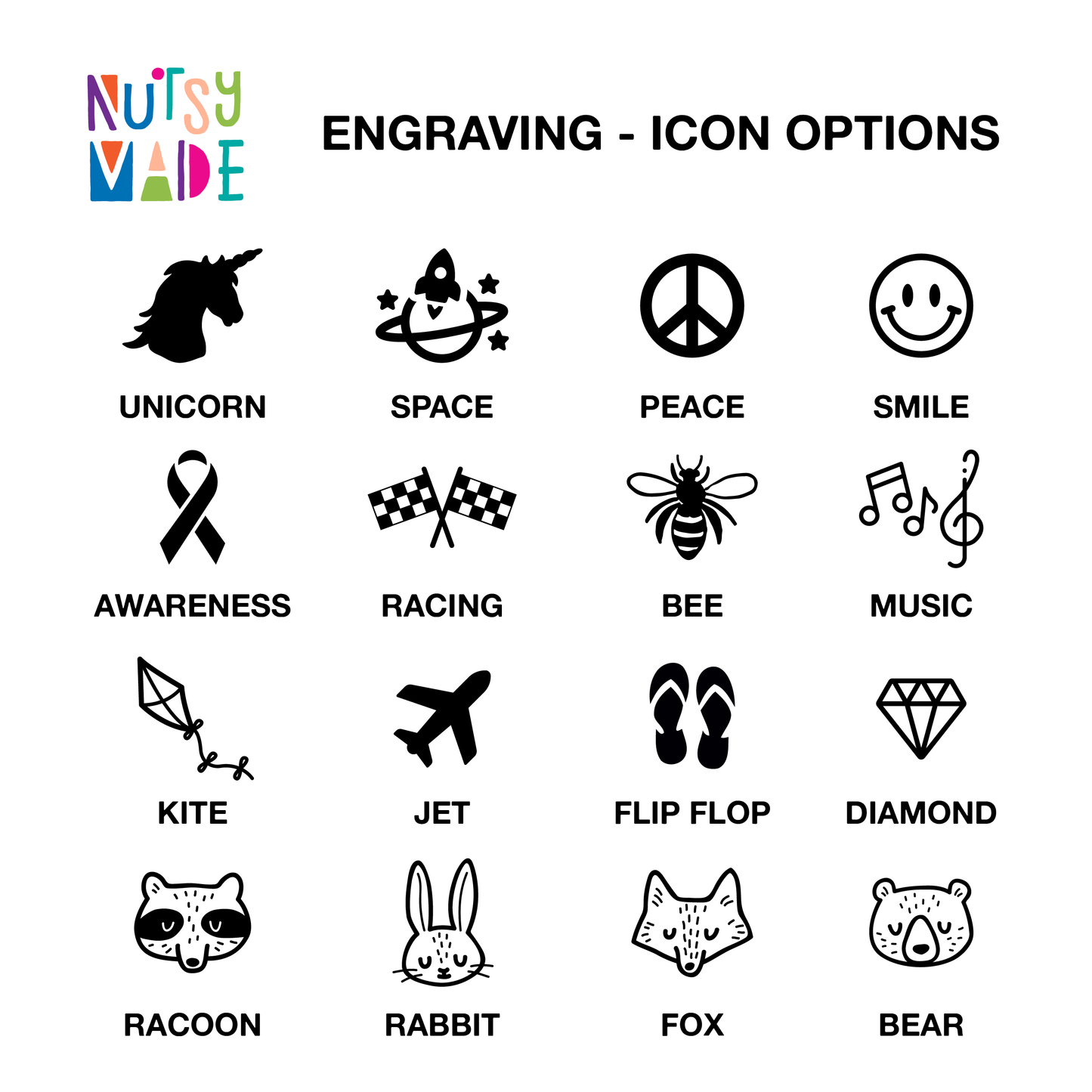 Set of engraving icon options for engraving including transport, animals, and pop culture symbols on a white background.