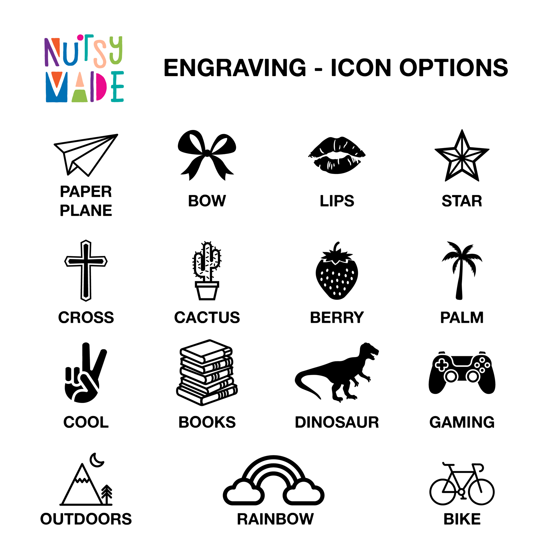 Collection of engraving icon options for engraving including dinosaurs, popular culture symbols, and a variety of themes on a white background.