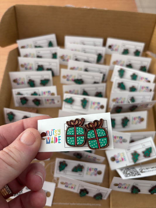 Christmas Studs - Timber - Handpainted - CHRISTMAS CLEARANCE